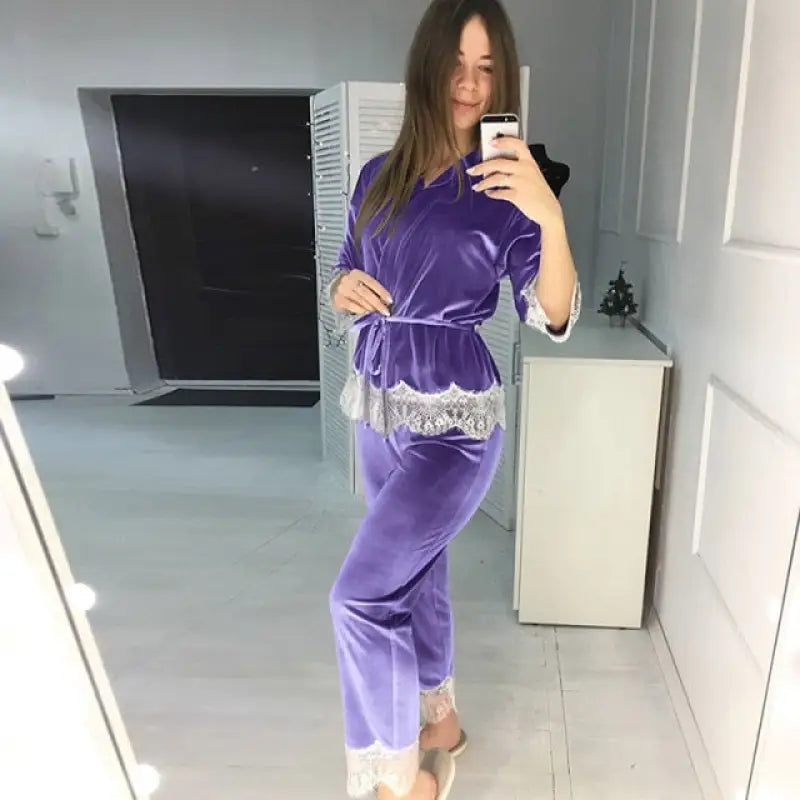 Splicing Velvet Sleepwear Pajamas Set - Purple / S
