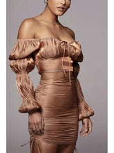 Load image into Gallery viewer, Square Collar Bubble Sleeve Shirt &amp; Hip Rope Skirt