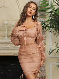 Square Collar Bubble Sleeve Shirt & Hip Rope Skirt