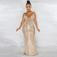 Load image into Gallery viewer, Star Glam Mesh Sheer Rhinestones Maxi Dress - Apricot / S