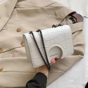 Stone Pattern PU Leather Hand Bag - white