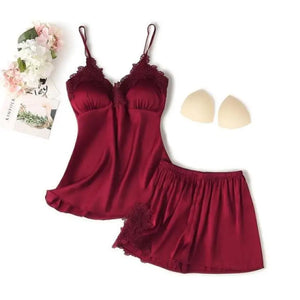 Strap Top & Pants Pajama Sleepwear Set - Burgundy - C / M