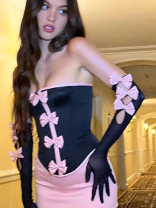 Strapless Bows Tube Top & Mini Skirt With Gloves