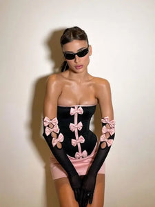 Strapless Bows Tube Top & Mini Skirt With Gloves