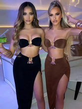 Load image into Gallery viewer, Strapless Button Crop Top &amp; Bodycon Slit Skirt