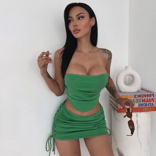 Strapless Drawstring Ruched 2 Piece Set