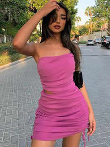 Strapless Drawstring Ruched 2 Piece Set