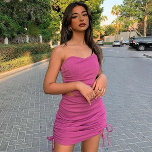 Strapless Drawstring Ruched 2 Piece Set - pink / S
