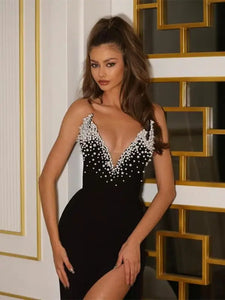 Strapless V Neck Beaded Midi Bandage Dress