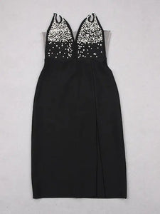 Strapless V Neck Beaded Midi Bandage Dress