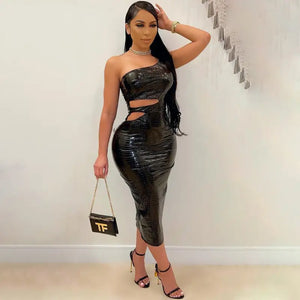 Street One Shoulder Hollow-out Women Mid Calf Dress