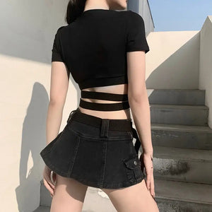Streetwear Punk Hollow Out Black T Shirt
