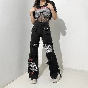 Streetwear Punk Style Print Low Waist Jeans