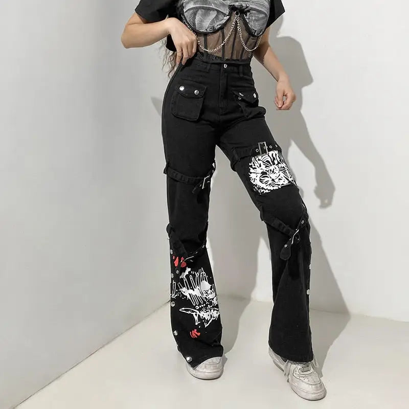 Streetwear Punk Style Print Low Waist Jeans - Black / S