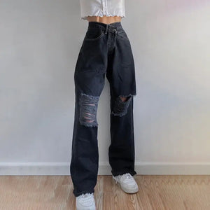 Streetwear Ripped Straight Loose Denim Baggy Jeans - Black