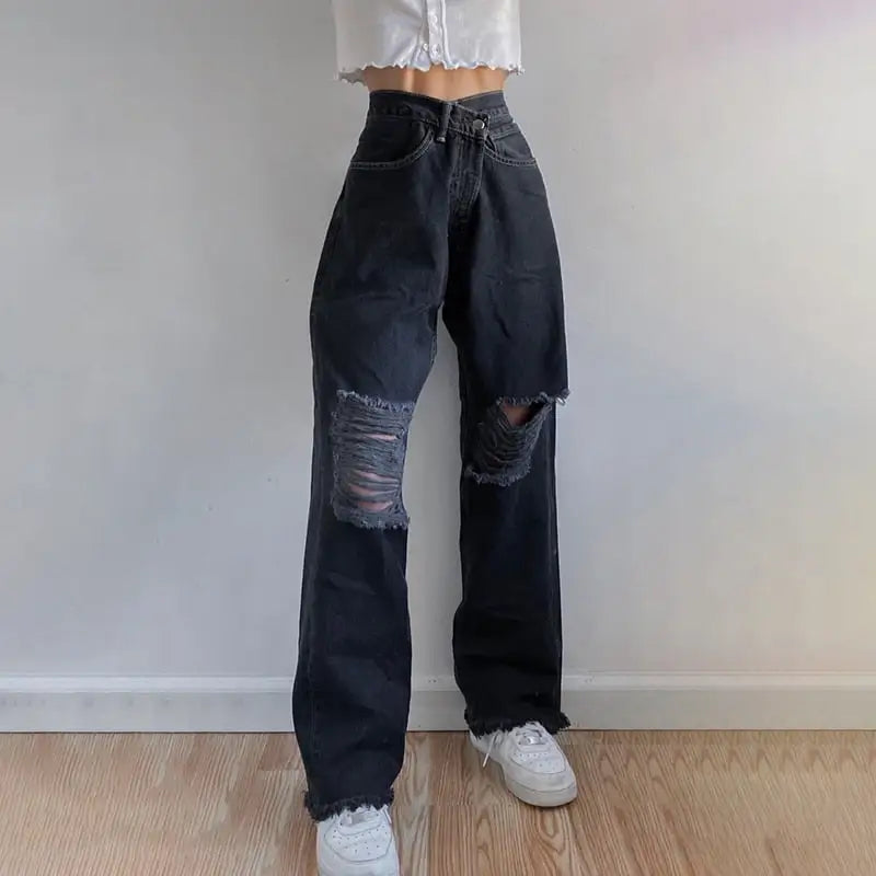Streetwear Ripped Straight Loose Denim Baggy Jeans - Black