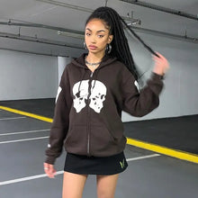 Load image into Gallery viewer, Streetwear Skull Print Brown Zip Up Hoodie