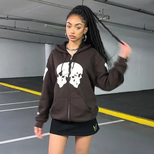 Streetwear Skull Print Brown Zip Up Hoodie
