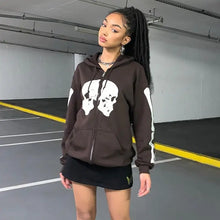 Load image into Gallery viewer, Streetwear Skull Print Brown Zip Up Hoodie