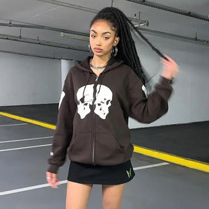 Streetwear Skull Print Brown Zip Up Hoodie