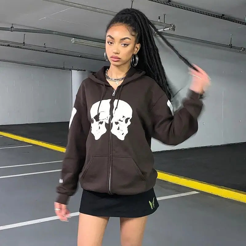 Streetwear Skull Print Brown Zip Up Hoodie - M