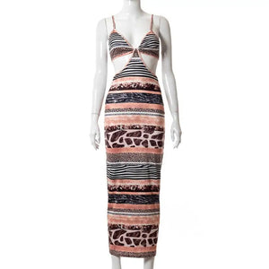 Stripe Print Skinny Halter Stretch Hollow Out Dress - MULTI