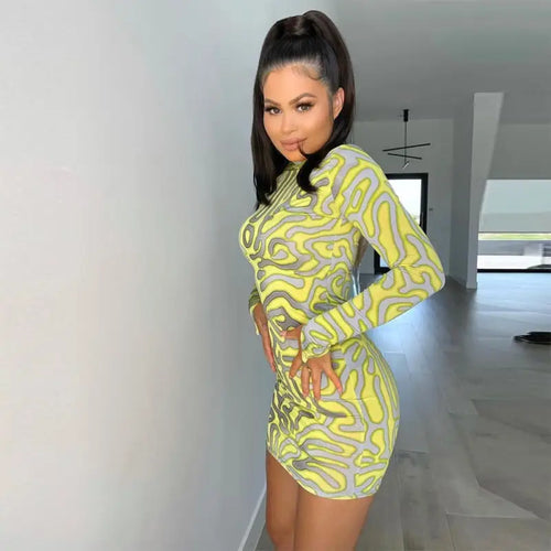 Striped Print Mesh Mini Dress - S / Green