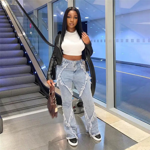 Tassel Baggy Wide Leg Pants High Waist Denim Jeans
