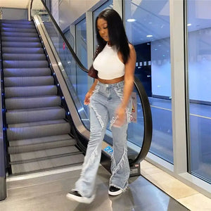 Tassel Baggy Wide Leg Pants High Waist Denim Jeans