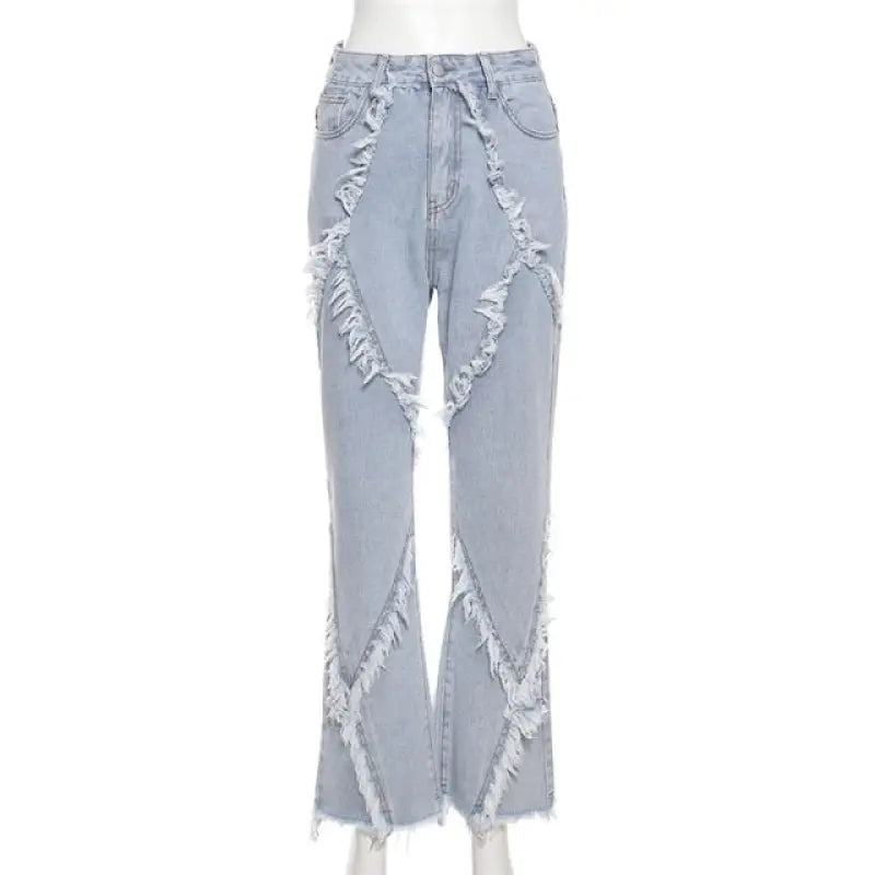 Tassel Baggy Wide Leg Pants High Waist Denim Jeans - Blue