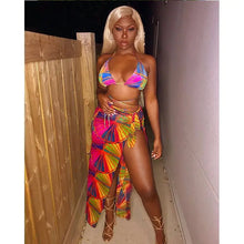 Load image into Gallery viewer, Three-piece Halter Neck Colorful Print Bikini Set