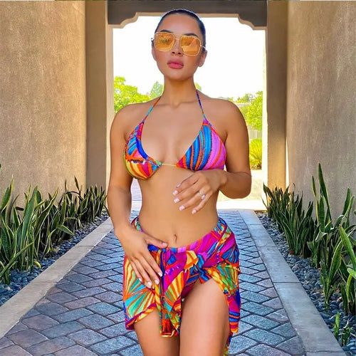 Three-piece Halter Neck Colorful Print Bikini Set
