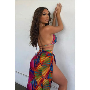 Three-piece Halter Neck Colorful Print Bikini Set