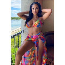 Load image into Gallery viewer, Three-piece Halter Neck Colorful Print Bikini Set