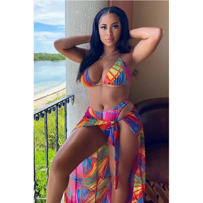 Three-piece Halter Neck Colorful Print Bikini Set