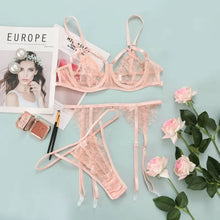 Load image into Gallery viewer, Three Piece LaceTransparent Panty &amp; Bra Set - Pink / L