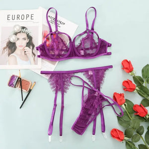 Three Piece LaceTransparent Panty & Bra Set - Purple / L