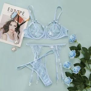 Three Piece LaceTransparent Panty & Bra Set - sky blue / L