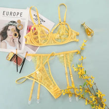 Load image into Gallery viewer, Three Piece LaceTransparent Panty &amp; Bra Set - Yellow / L