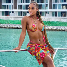 Load image into Gallery viewer, Three Piece V Neck Mini Skirt Bikini Set