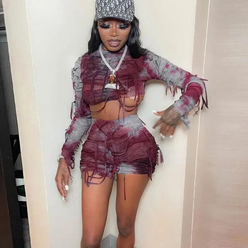 Tie Dye Bandage Top & Biker Shorts - L / Red