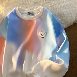 Tie Dye Bear Head Embroidery Korean Fashion Sweatshirt