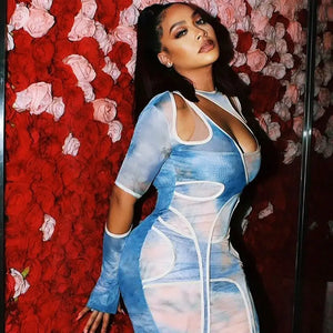 Tie Dye Irregular Cut Out Long Sleeve Bodycon Dress