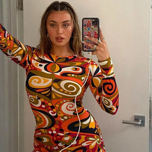 Tie Dye Print Women Long Sleeve Midi Dress