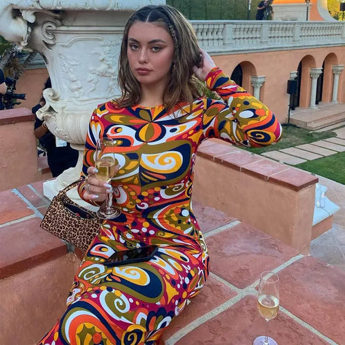 Tie Dye Print Women Long Sleeve Midi Dress