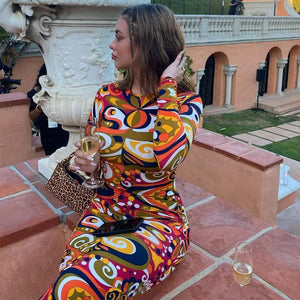 Tie Dye Print Women Long Sleeve Midi Dress