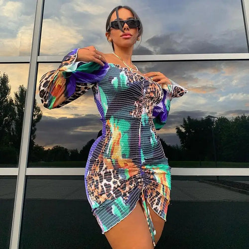 Tie Dye Printed Ruch Drawstring Wrap Dress