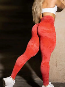 Tie Dye Ruched High Waist Push Up Leggings - Red / L