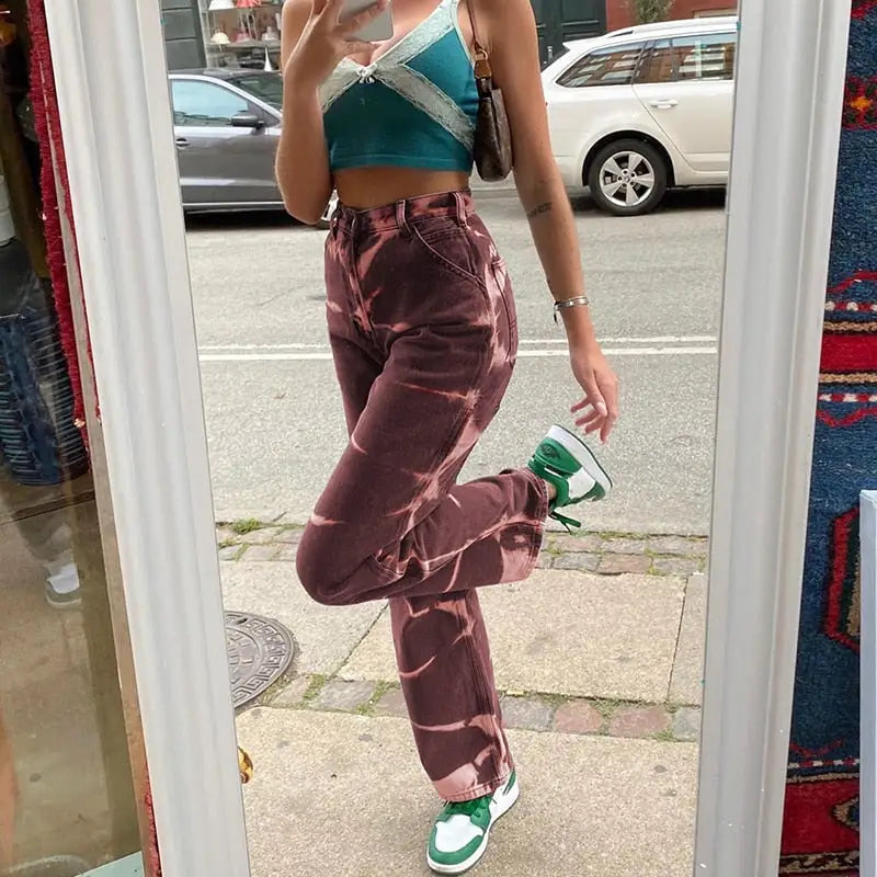 Tie Dye Slim Denim High Waist Trousers Jeans - Brown / L