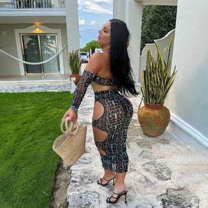 Tie Dye Snake Long Sleeve Off Shoulder Halter Crop Top &
